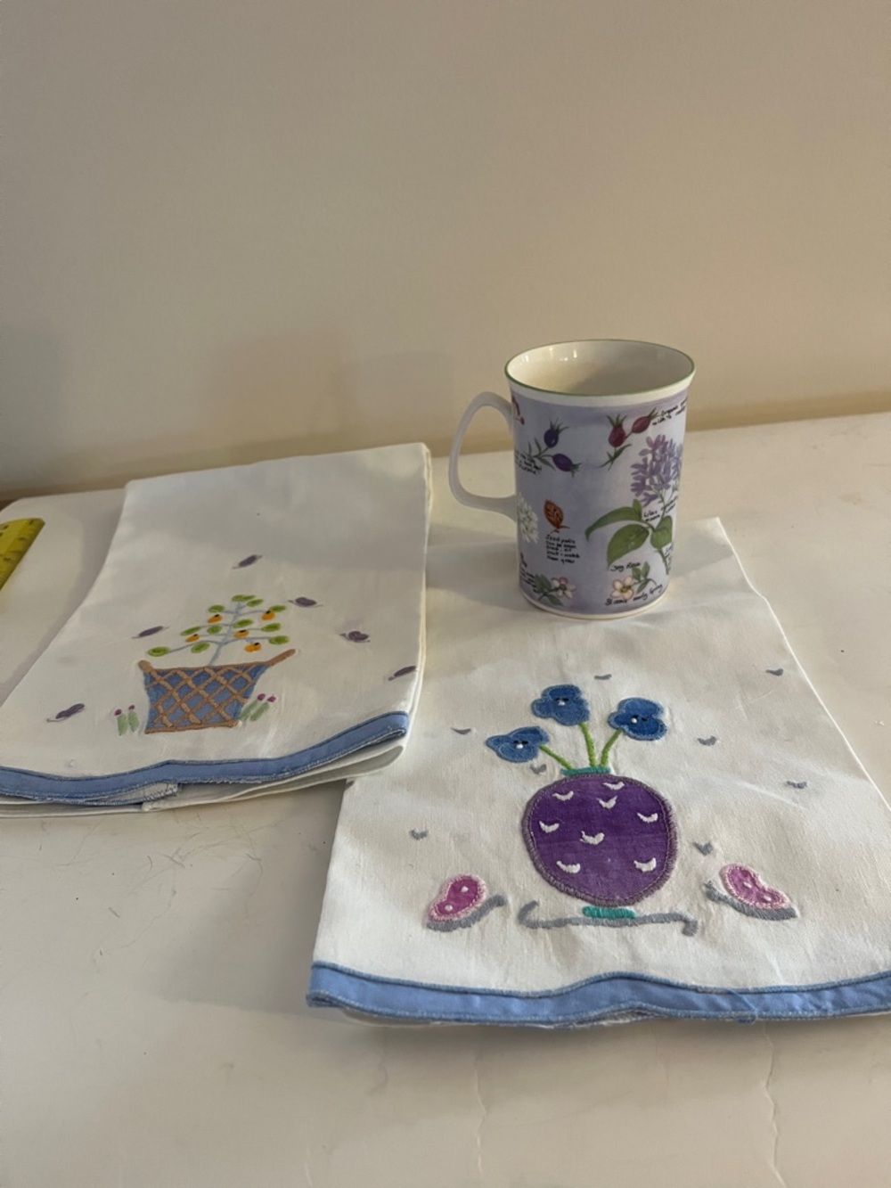 Bone China Floral Tea Mug plus 2 Floral Embroidered Linen Tea Towels